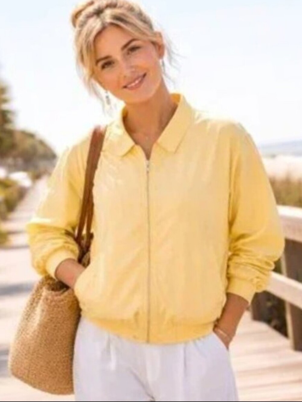 Vintage Reversible Yellow & Ivory Bomber Jacket Lightweight Preppy Coastal Sz XL